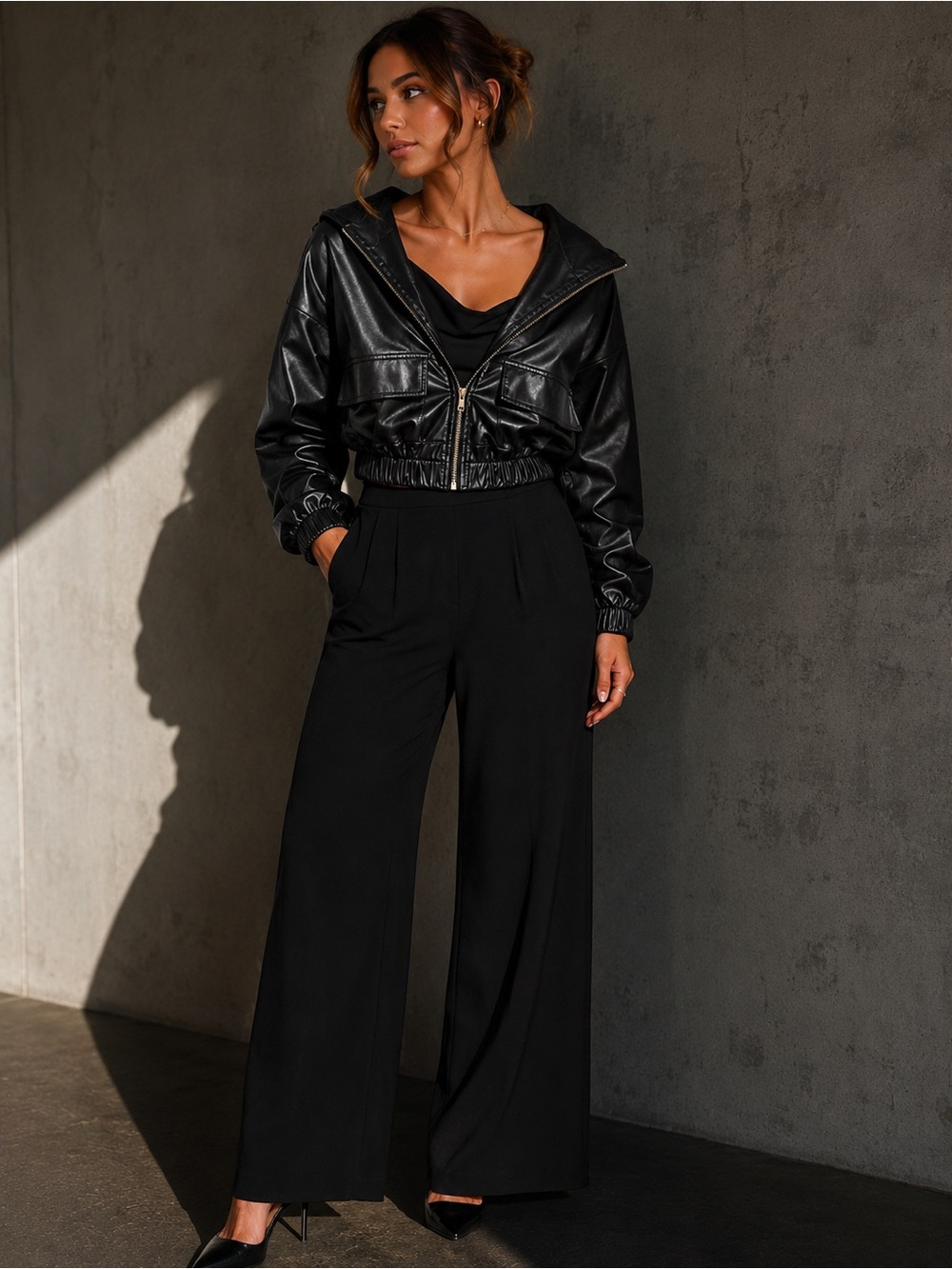 Lulu's Black Cropped Faux Leather Bomber Jacket